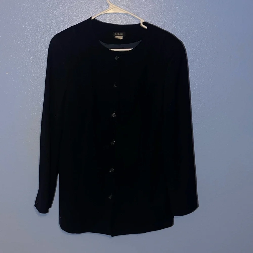 I Crew Navy Blue 100% Wool Longline Collarless Blazer Coat Size 8. G